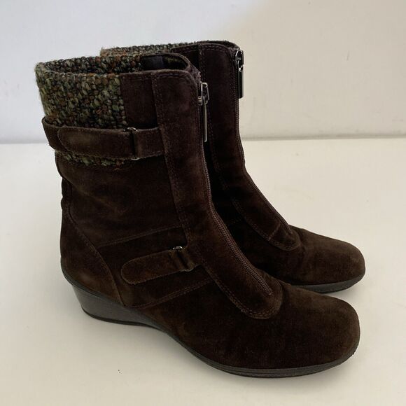 Aquatalia Brown Ankle Boot Wedge Heel Front Zip Suede Knit Cuff Waterpro… - Picture 2 of 8